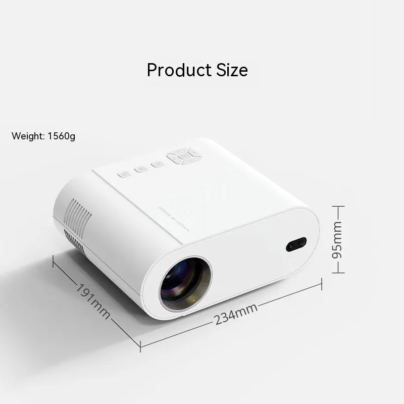 White Full HD smart projector with remote control on wooden surface