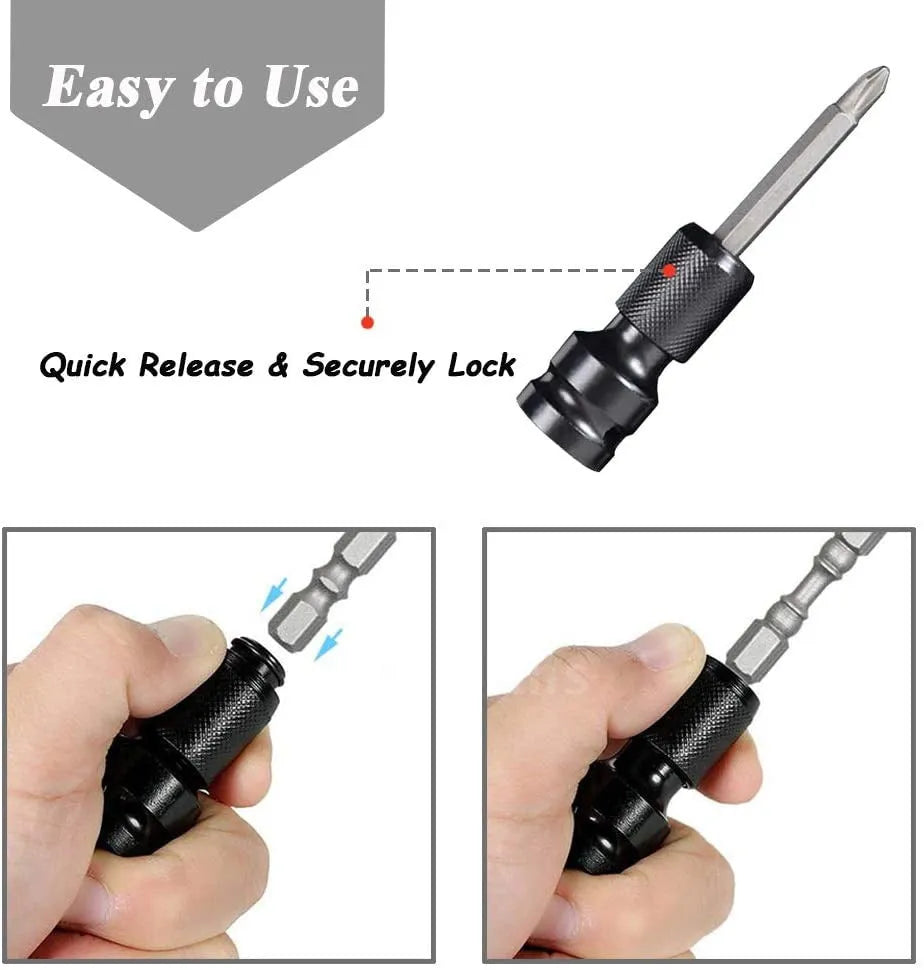 Scaling bit holder with telescopic sleeve for converting between 1/2-inch and 1/4-inch drive sizes