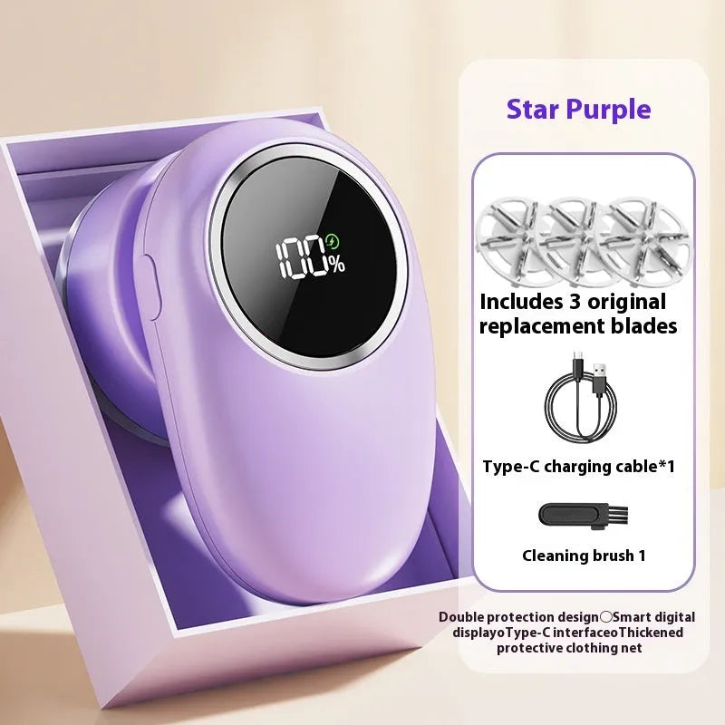Beige and purple digital fur ball trimmers with USB-C charging cable and multiple cutter heads on a fabric surface