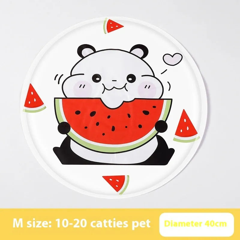 Round pet cooling mat with cartoon design, shown in beige bunny and blue cat patterns.
