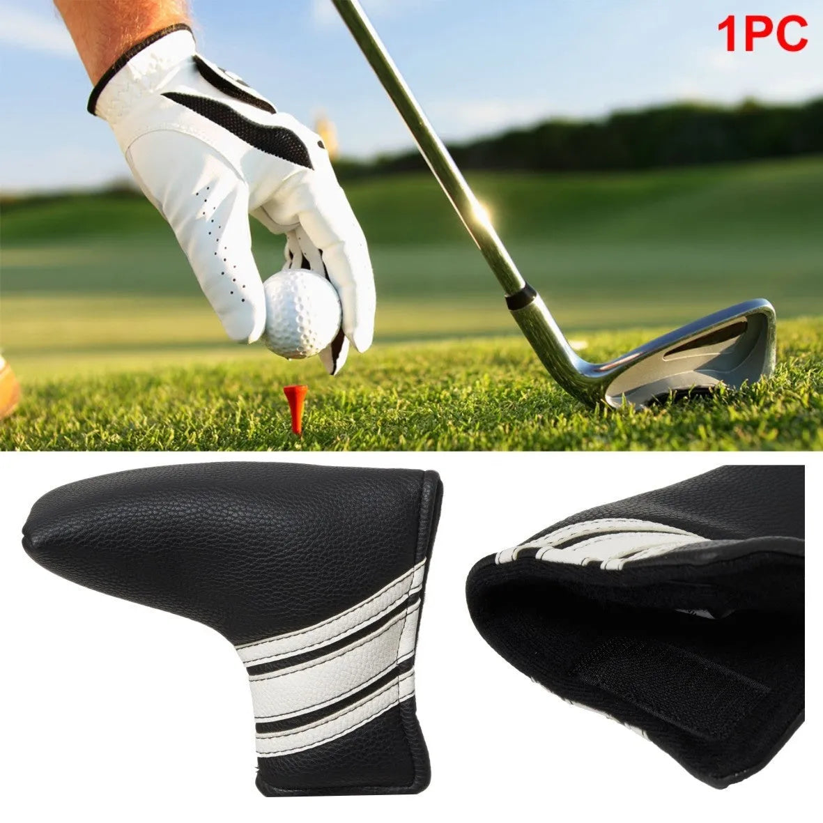 Black PU leather golf putter head cover sleeve for club protection