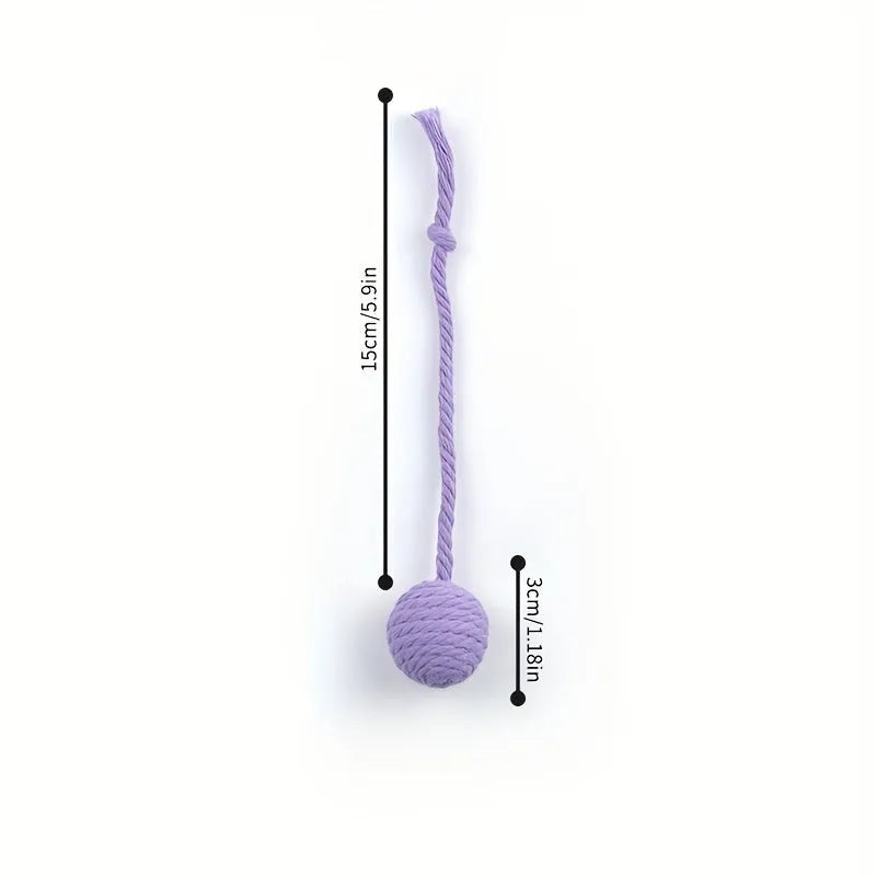 Interactive cat toy ball with rope and internal bell in green, pink, purple and yellow colours