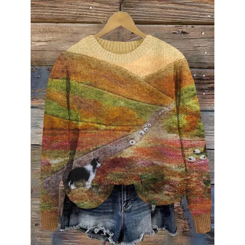 Women's little flower digital printed round neck sweater in polyester, shown in a selected colour from the YPM935 series.
