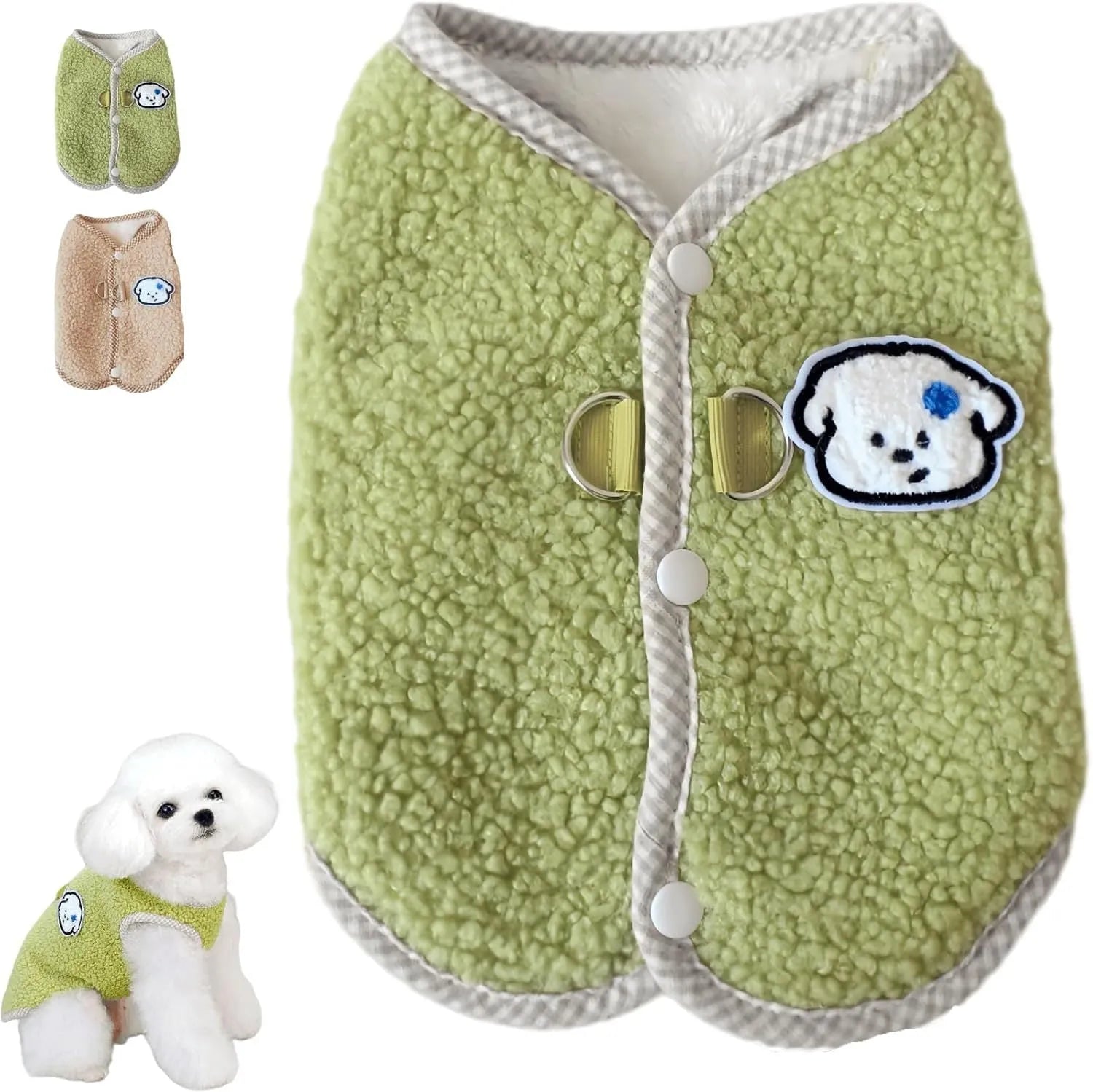 Green coral fleece dog vest with a metal leash ring on the back, shown on a small dog.