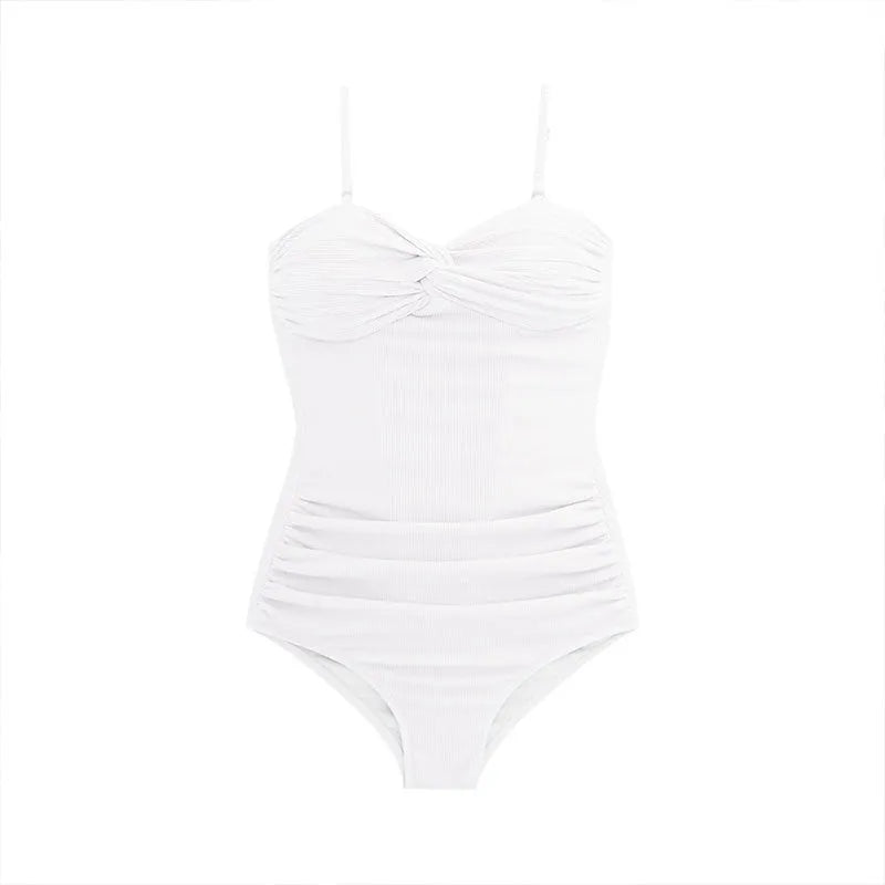 A black women's one-piece swimsuit with suspender straps and a high-waist design.