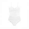 A black women's one-piece swimsuit with suspender straps and a high-waist design.
