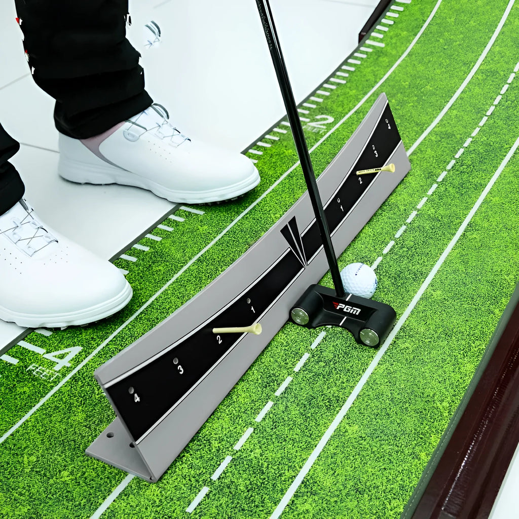 Golf putting trainer simulator with adjustable balancer on PVC base for stroke practice