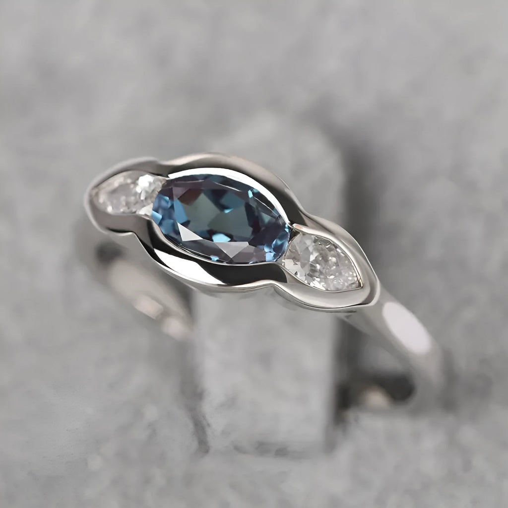 Women's geometric ellipse fashion ring with zircon stones and white gold plating