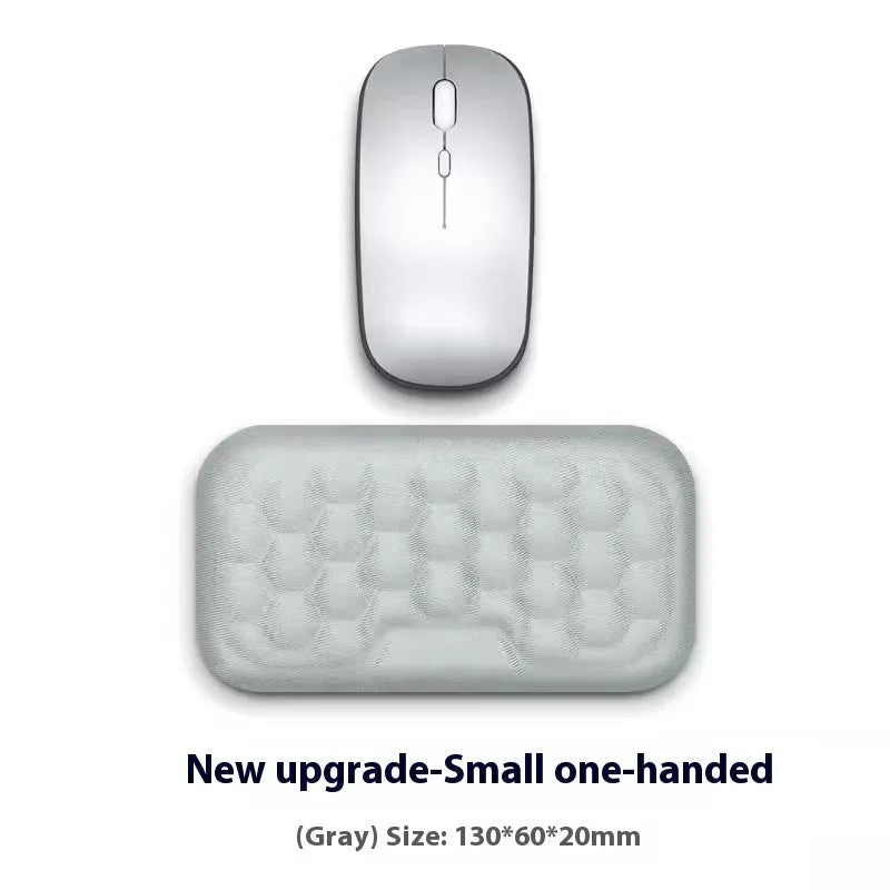 Grey and black memory foam mouse wrist pads with silicone bases, shown in cloth and leather cover options.