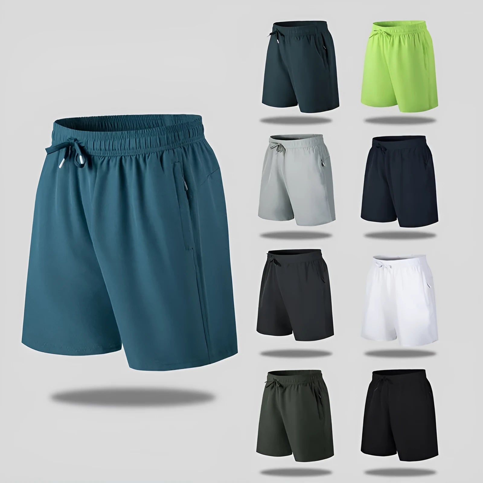 Man wearing loose-fit black quick-drying ice silk polyester sports shorts on a beach.