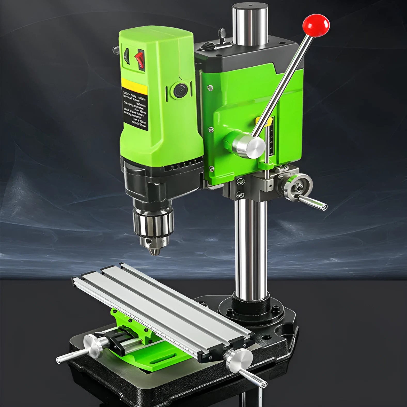 Mini bench drill and milling machine on a workbench with cross bench pliers and heavy-duty pliers.