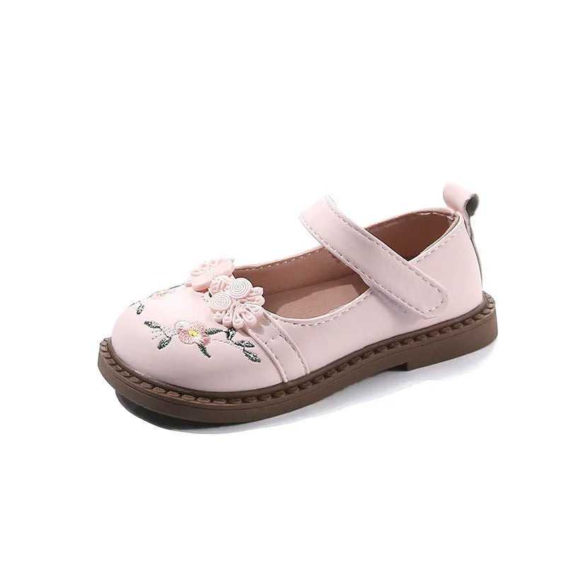 Children's cute leather flower princess shoes in milky white, PU upper, rubber sole, size 23-34
