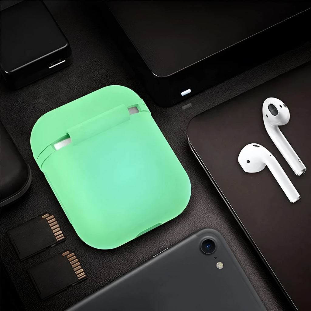 Luminous solid colour silicone flip-top protective case for Apple AirPods earphones.