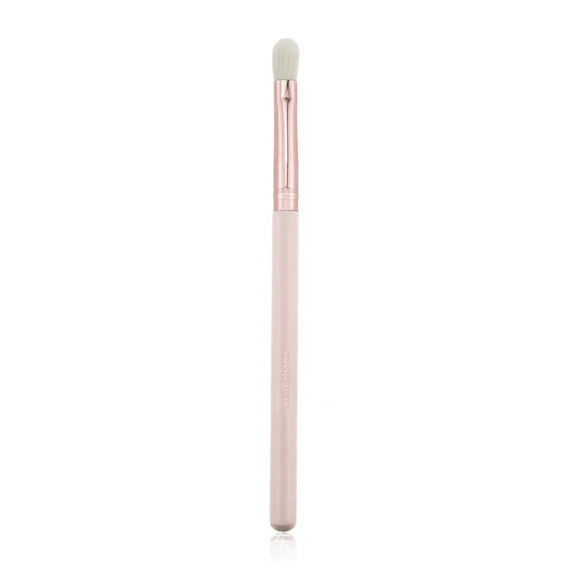 26 pink wooden-handle makeup brushes arranged in a grey PU zip case.