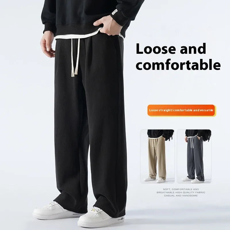 Men's apricot double-sided polar fleece trousers with a wool lining, shown with a drawstring waist.