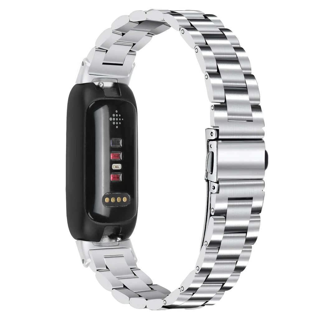 Stainless steel three-bead watch strap for Fitbit Inspire 3 in silver colour.