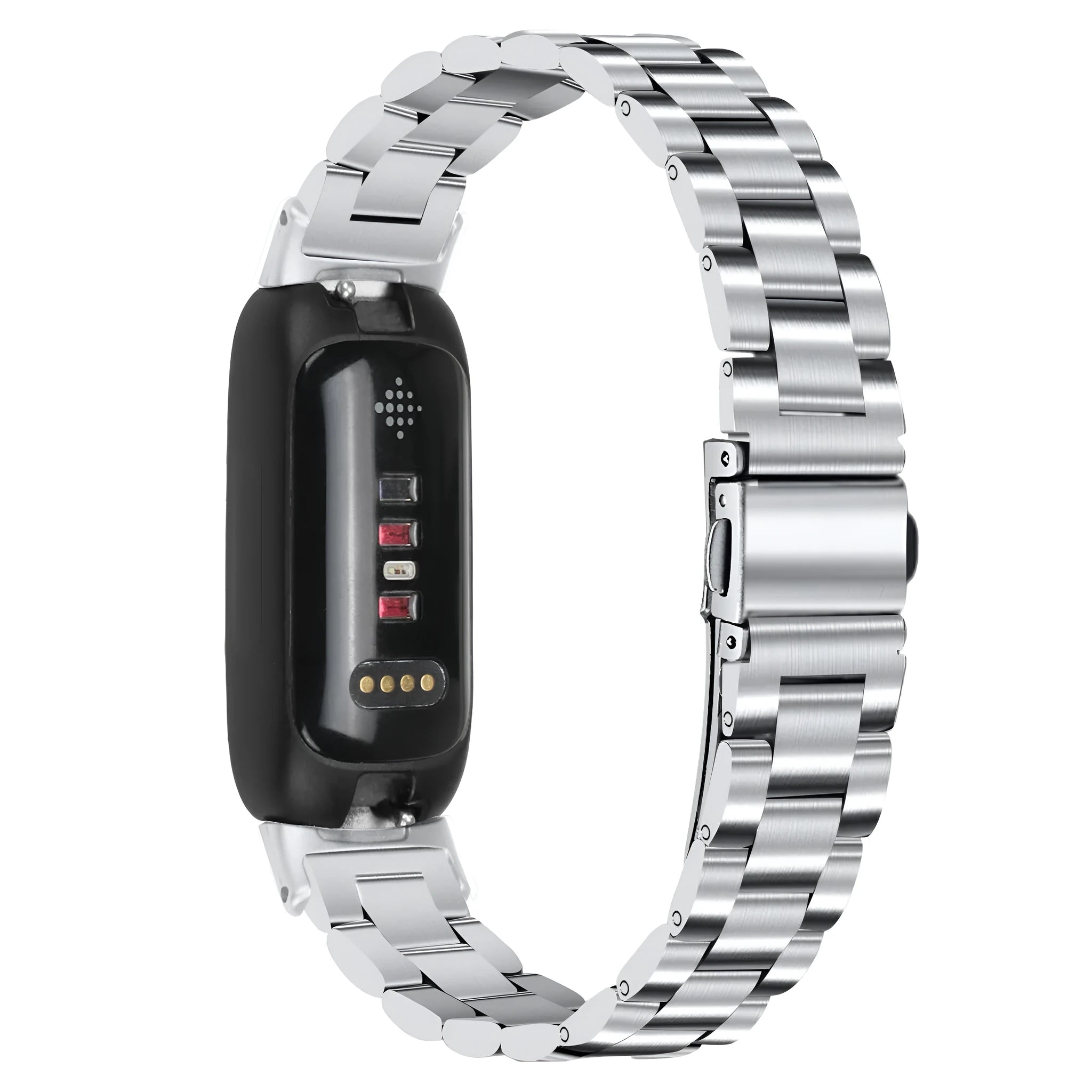 Stainless steel three-bead watch strap for Fitbit Inspire 3 in silver colour.
