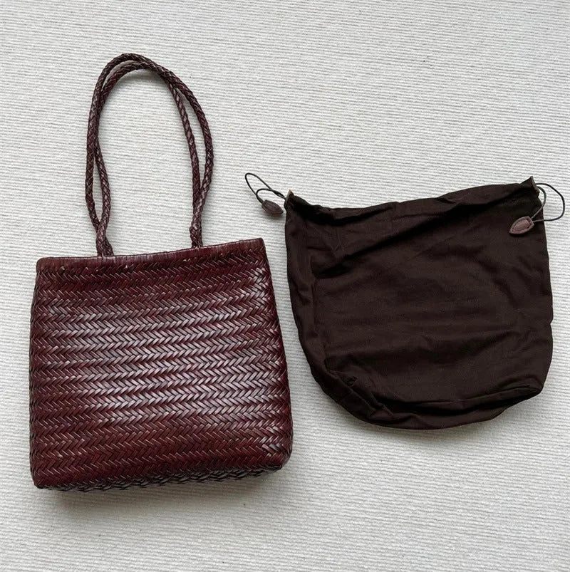 Brown woven tote shoulder bag with three-dimensional pocket made from first layer cowhide leather