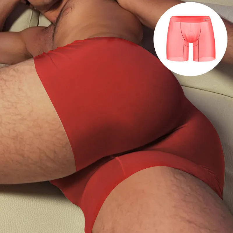 Men's seamless U-convex sports shorts in nylon fabric, available in orange, pink, and red colours