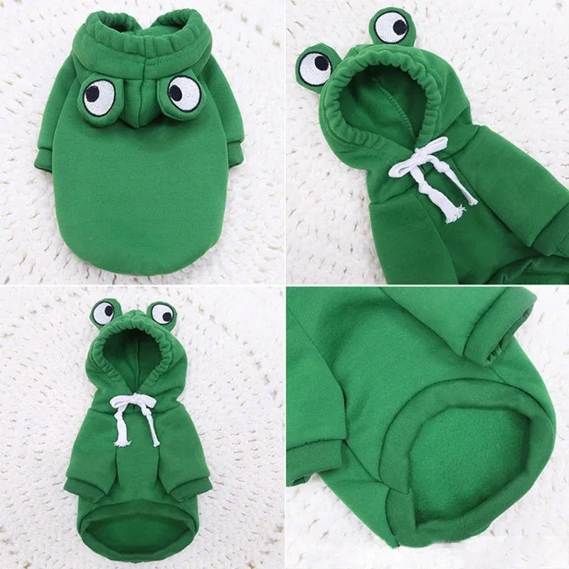 Green frog costume hoodie on small dog with size measurement diagram