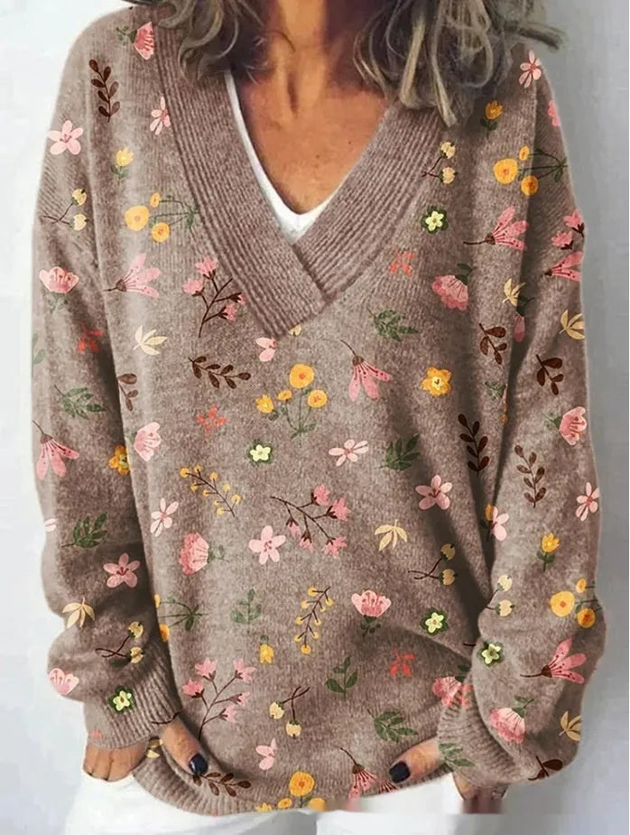 Women's V-neck floral pattern printed sweatshirt with 3D effect and long sleeves