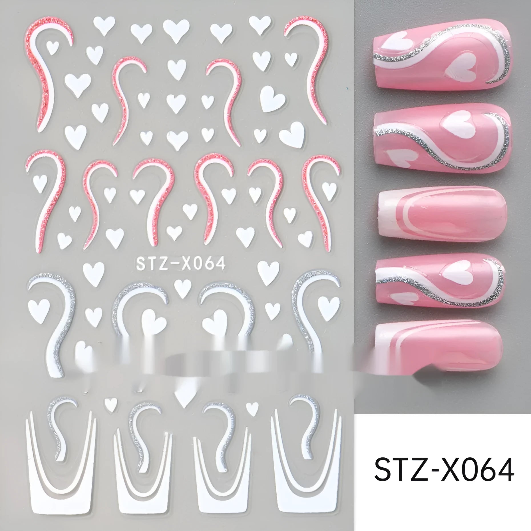 Pack of black and silver strip nail art stickers with cartoon and love pattern designs.