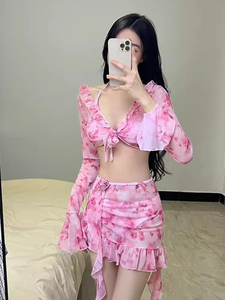 Women's cherry blossom pink floral bikini set for beach and hot spring use