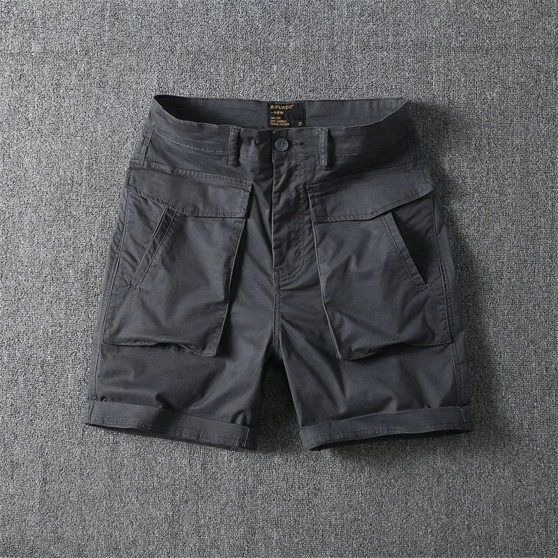 Men's cotton cargo shorts with stretch fabric in khaki colour, showing multiple pockets and straight-leg cut.