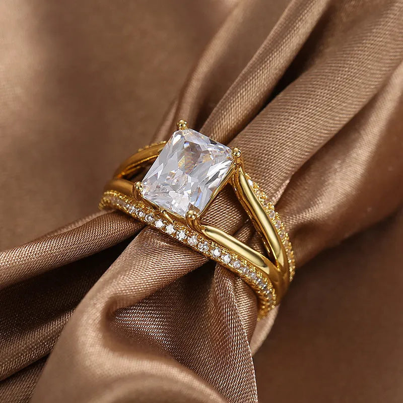 Gold square zircon geometric ring with electroplated copper band showing European American simple design