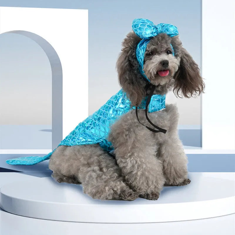 Blue polyester mermaid pet costume with headwear for small dogs and cats