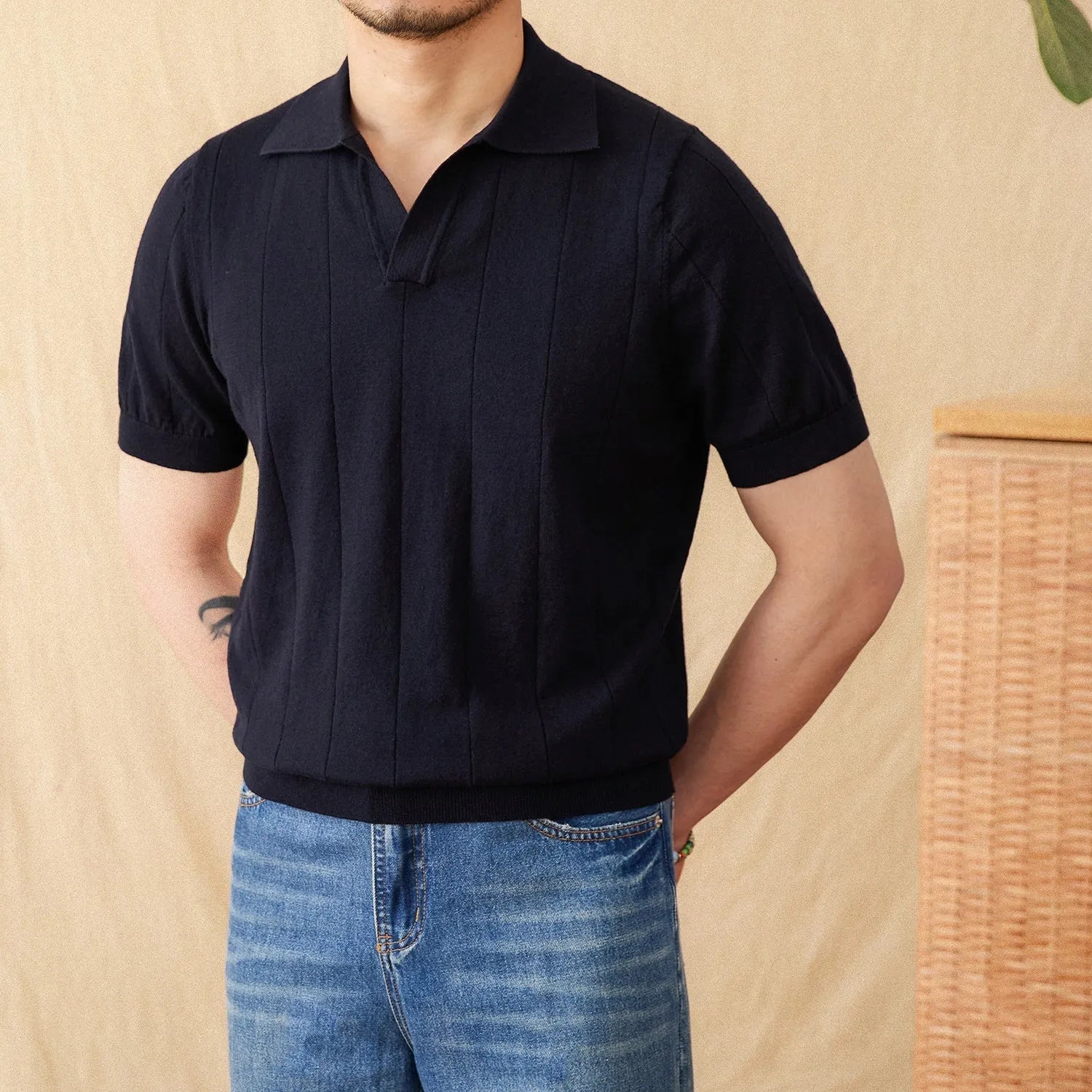Purple cotton linen short sleeve polo shirt with sunken stripe knitted design and seagull collar