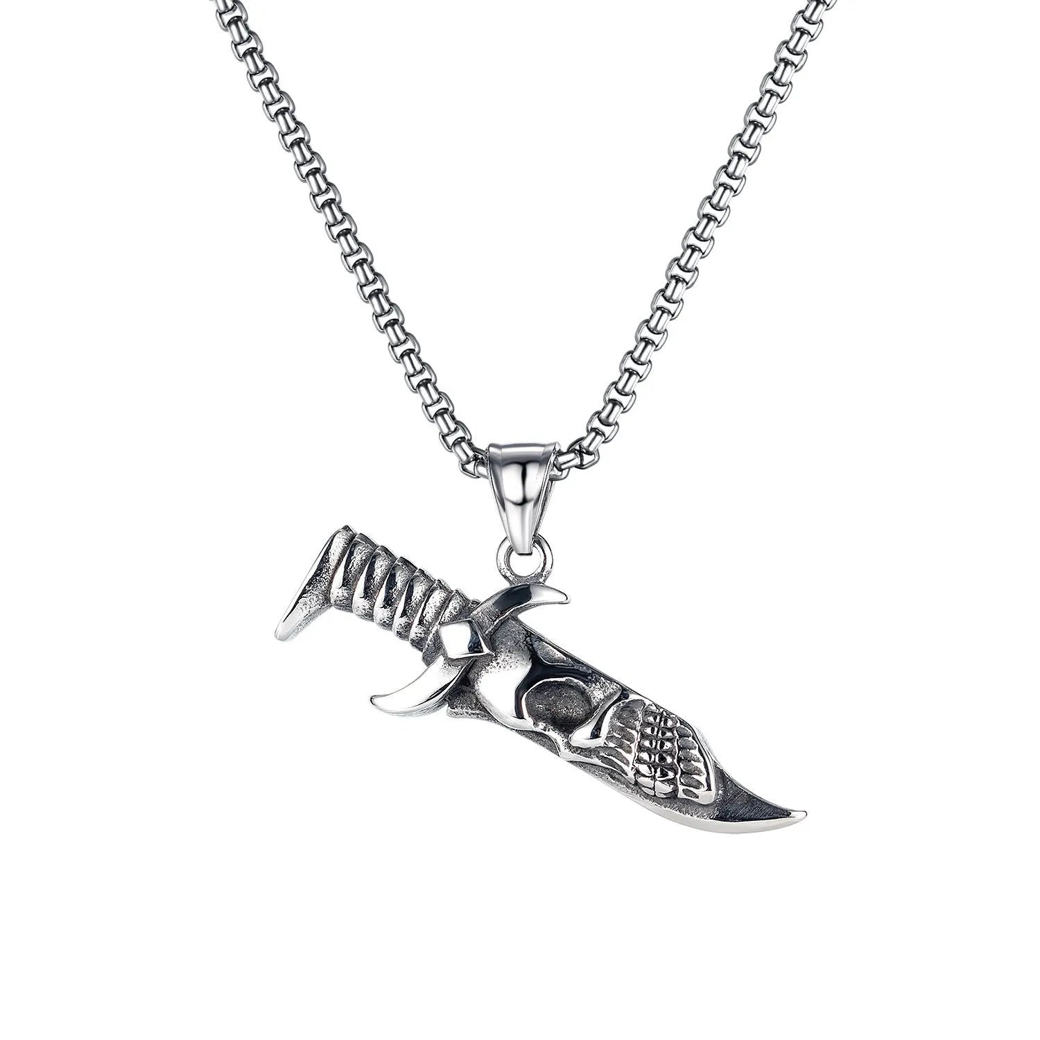 Men's stainless steel necklace with electroplated silver skull pendant in six design variations