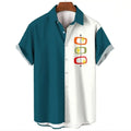 Man wearing a blue and white striped Hawaiian style short sleeve button-down shirt.
