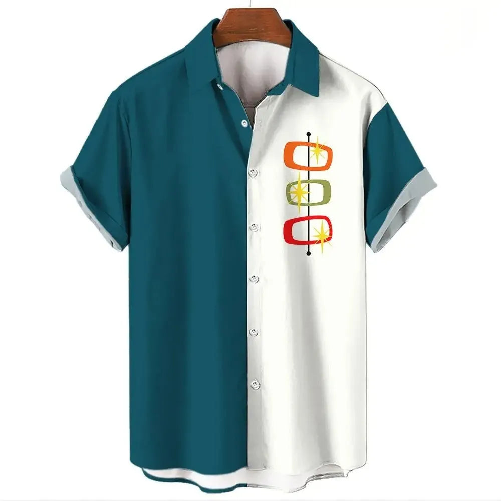 Man wearing a blue and white striped Hawaiian style short sleeve button-down shirt.