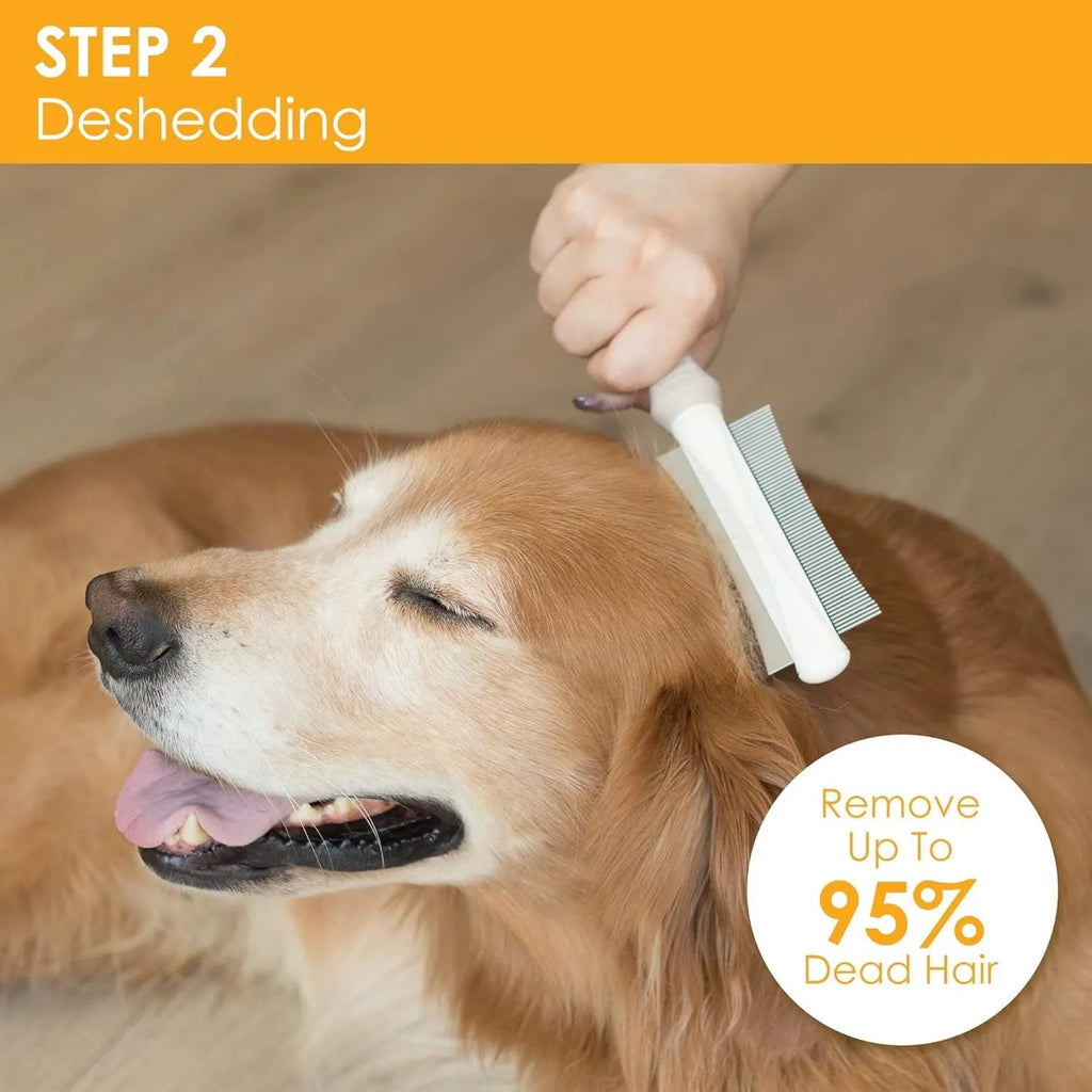 White double-sided pet grooming brush with curved comb and deshedder on an ergonomic anti-slip handle
