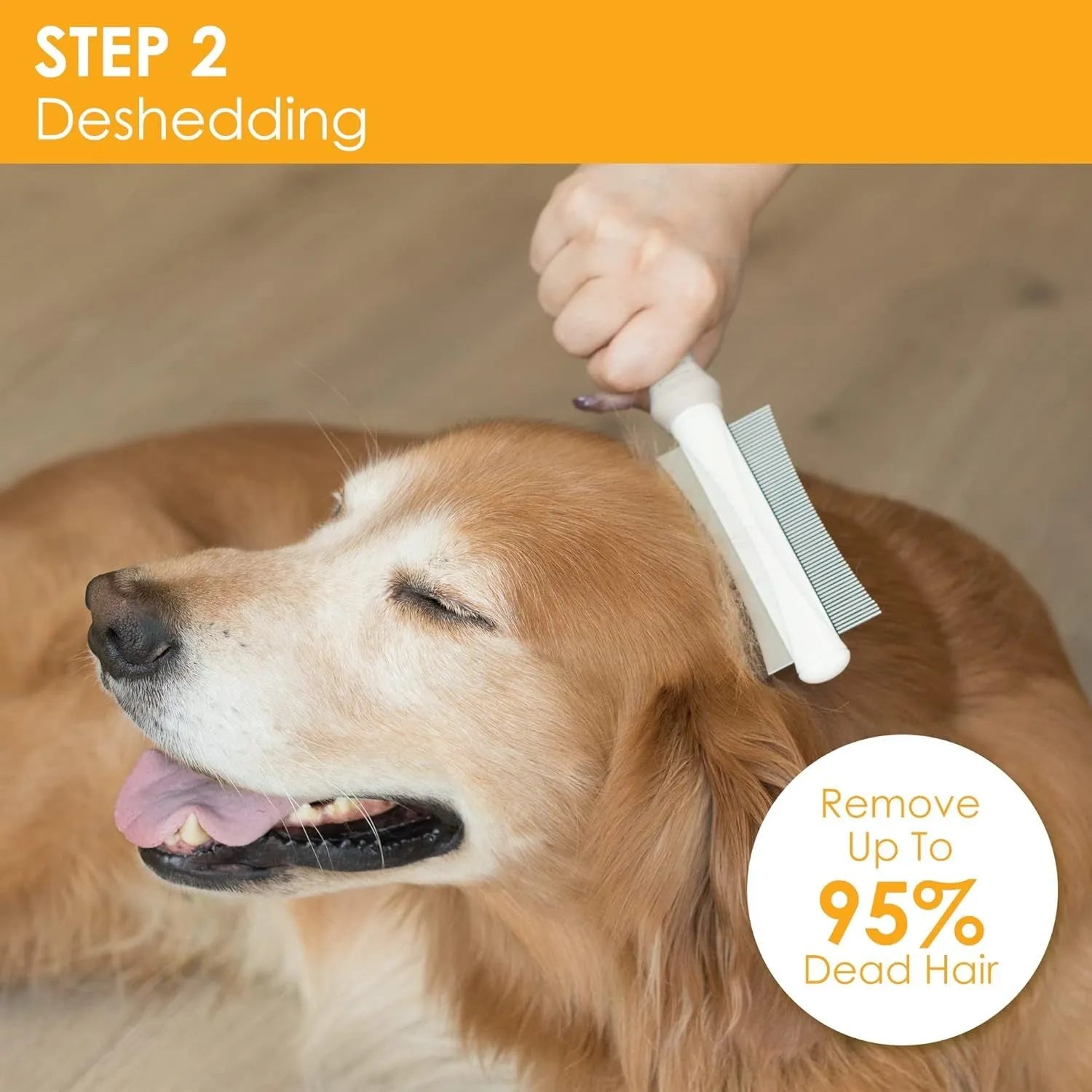 White double-sided pet grooming brush with curved comb and deshedder on an ergonomic anti-slip handle