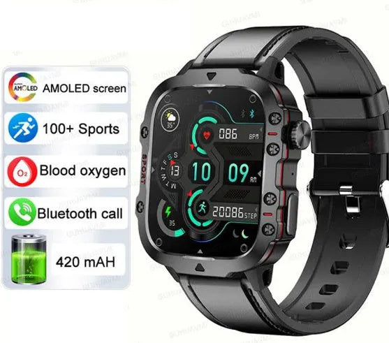 QX11 Smart Bluetooth Watch in black with a TFT touchscreen display, shown with an optional leather strap.