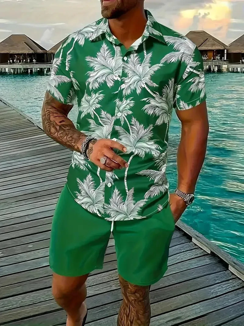 Men's 3D printed Hawaiian style short sleeve top and matching shorts summer suit