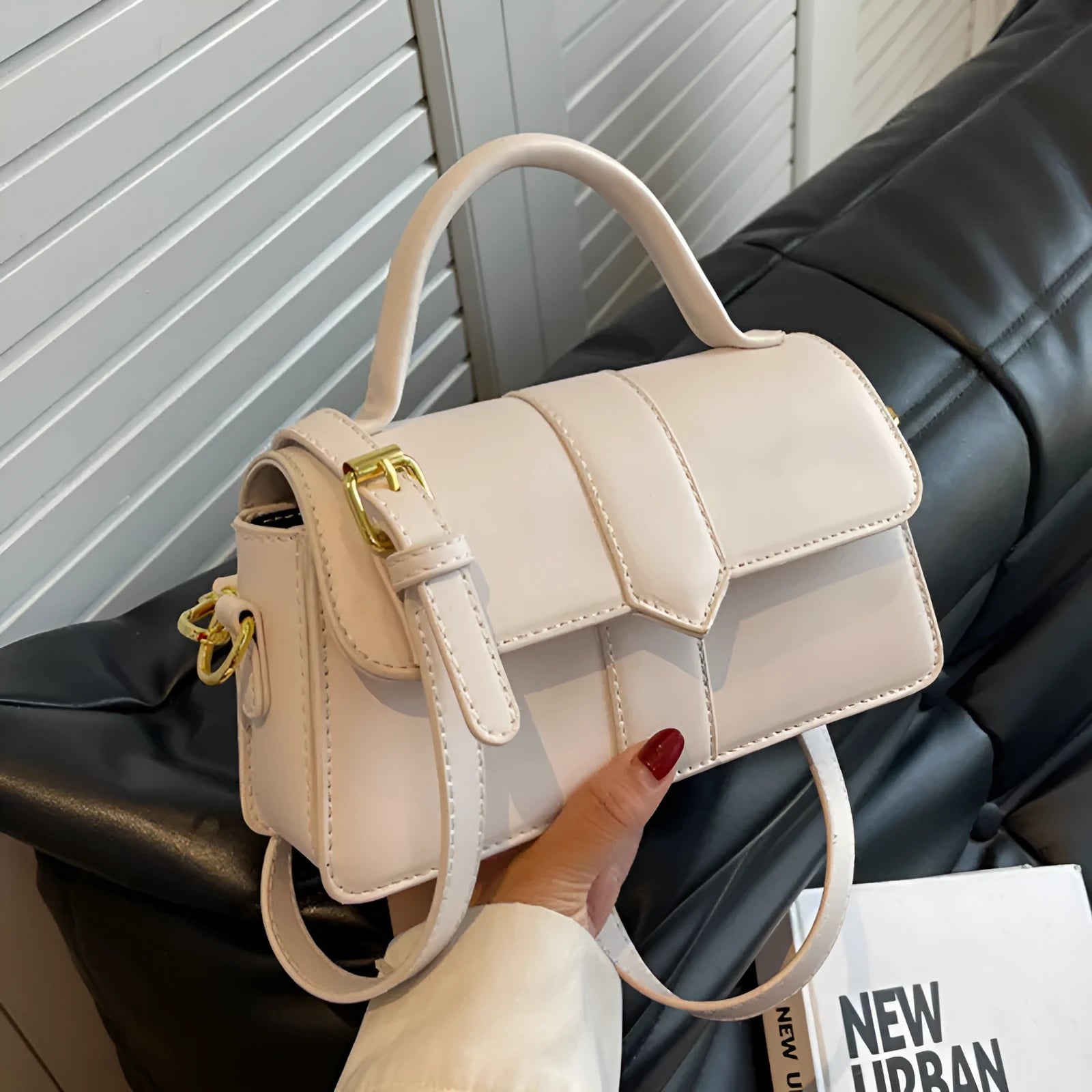 Women's horizontal square PU messenger bag in beige with file organiser interior