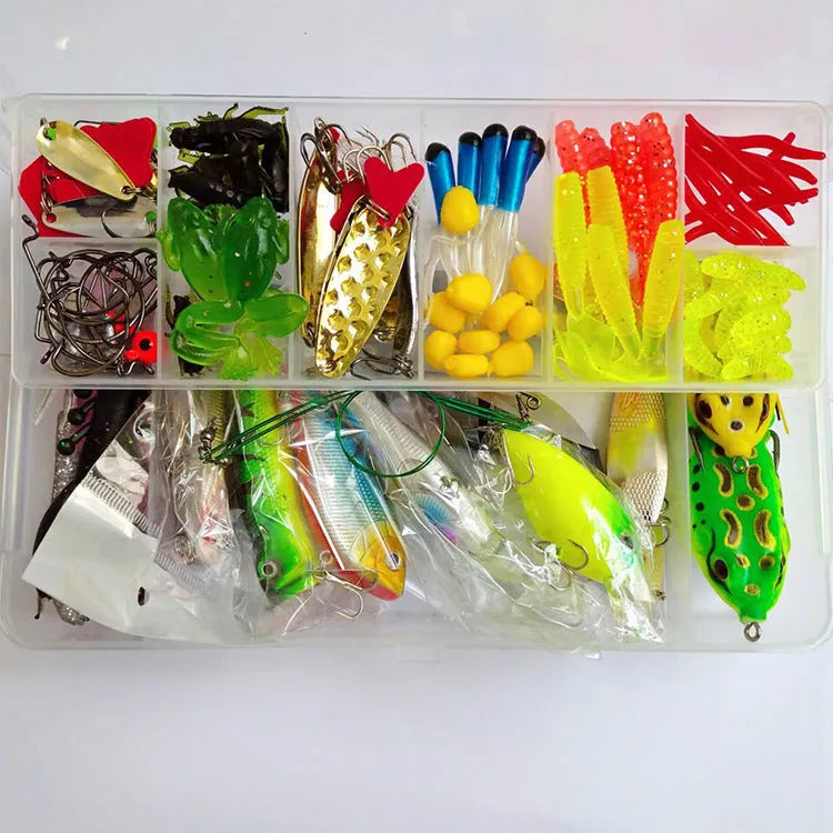 142-piece fishing lure kit with metal pliers and hard mino sequins in multiple colours