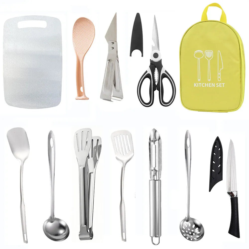 Picnic storage bag containing 12 stainless steel utensils for outdoor meals.