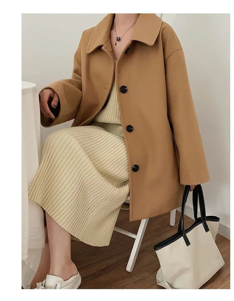 Women's Korean-style loose mid-length solid colour overcoat in black with long sleeves