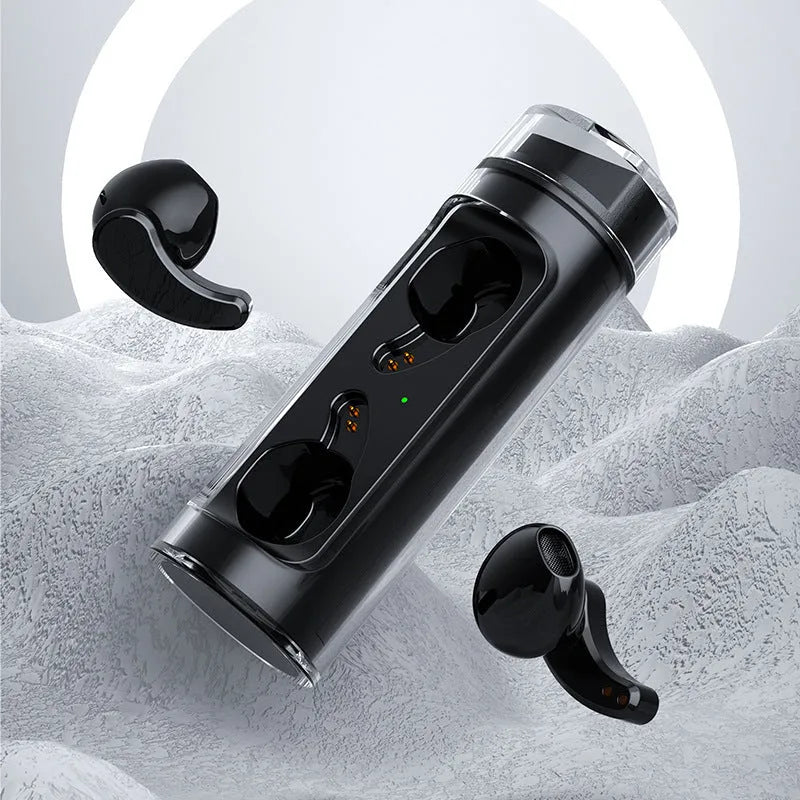Bluetooth TWS wireless earbuds with digital display and charging compartment in black