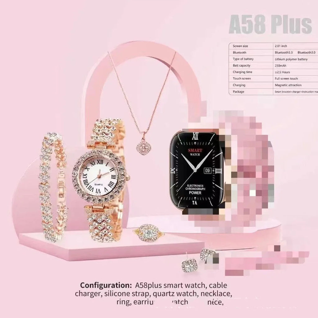 A58plus smart watch suit on wrist showing TFT touchscreen, with head strap and charger.