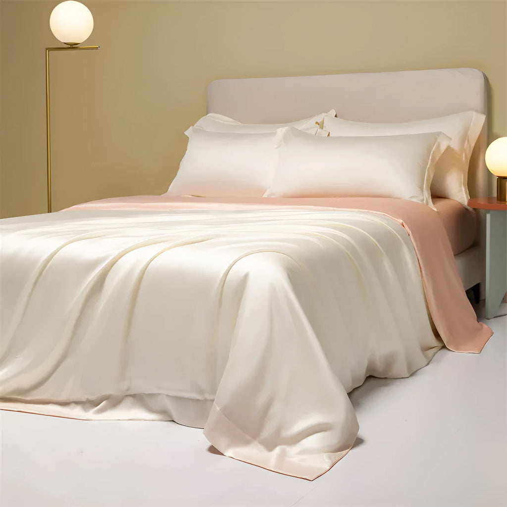 Luxury Tencel Lyocell bedding set with quilt cover, sheet, and pillowcases in grey.