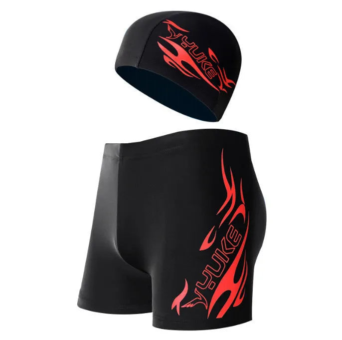 Men's boxer style swimming trunks in blue fire pattern on black background