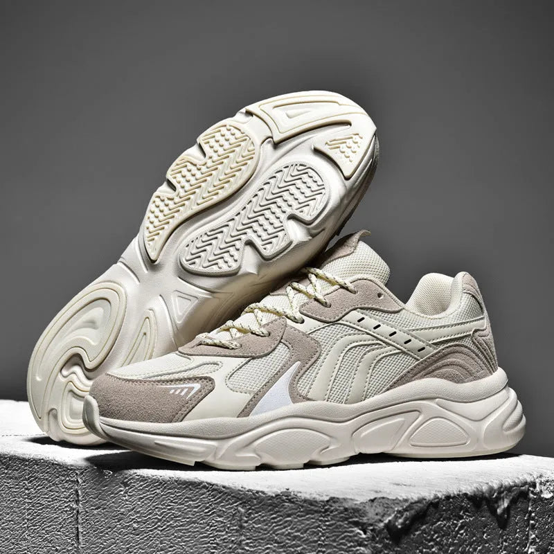 Men's beige and black collapse flat casual sneakers shown in a folded and unfolded state.