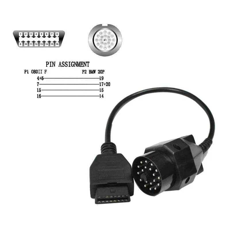 OBD2 BMW 20 pin to 16 pin diagnostic connector adapter cable isolated on white background.