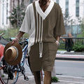 Men's printed knitted shorts suit with drop-shoulder short-sleeve top and matching shorts in chemical fibre blend fabric