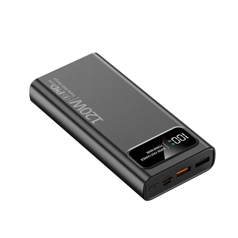 120W 20000 MA super fast charge power bank in cool black, slim plastic case with LED indicator